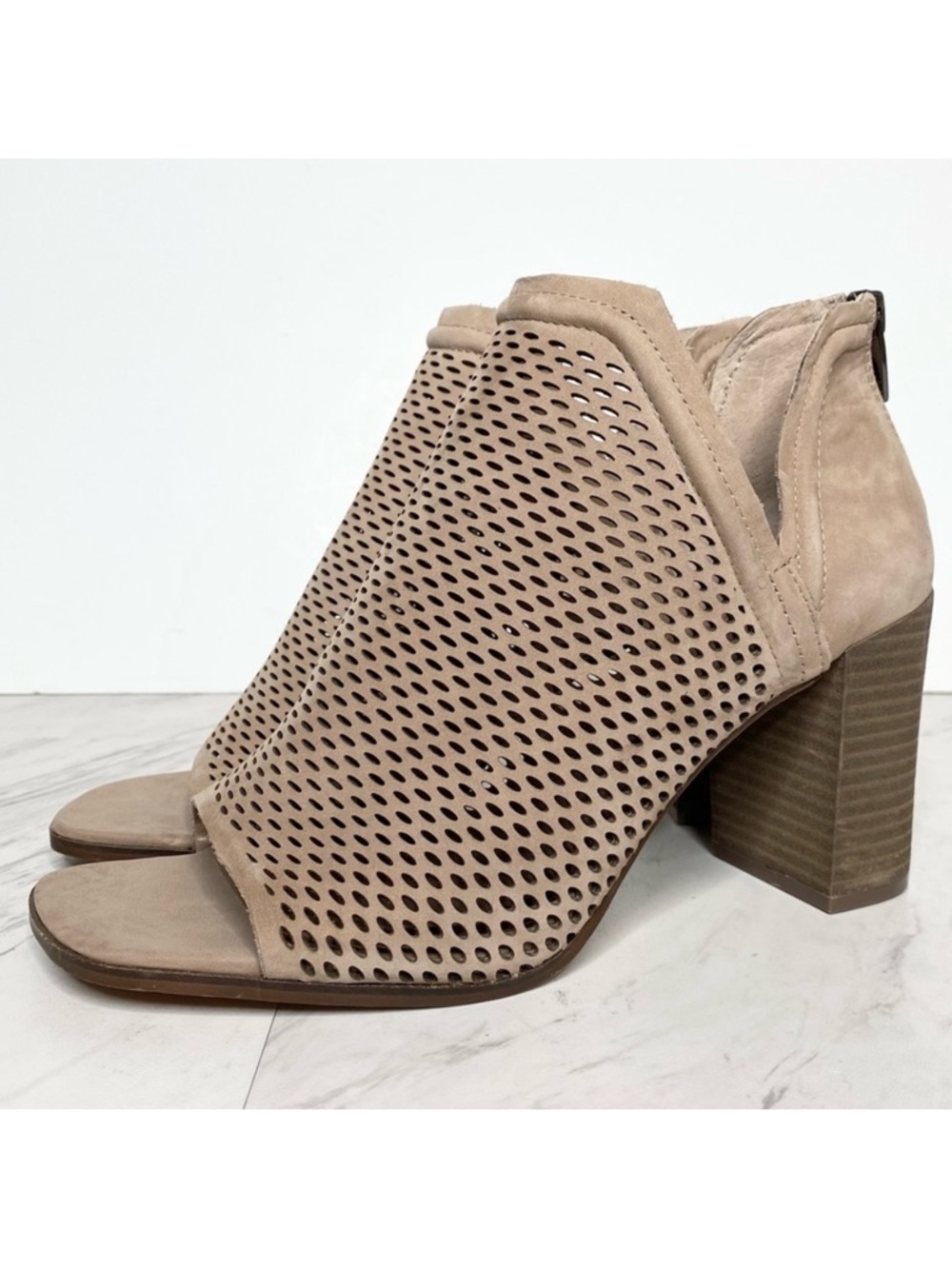 Vince Camuto Katnina Taupe Nubuck Perforated Open Toe Bootie 9.5 M